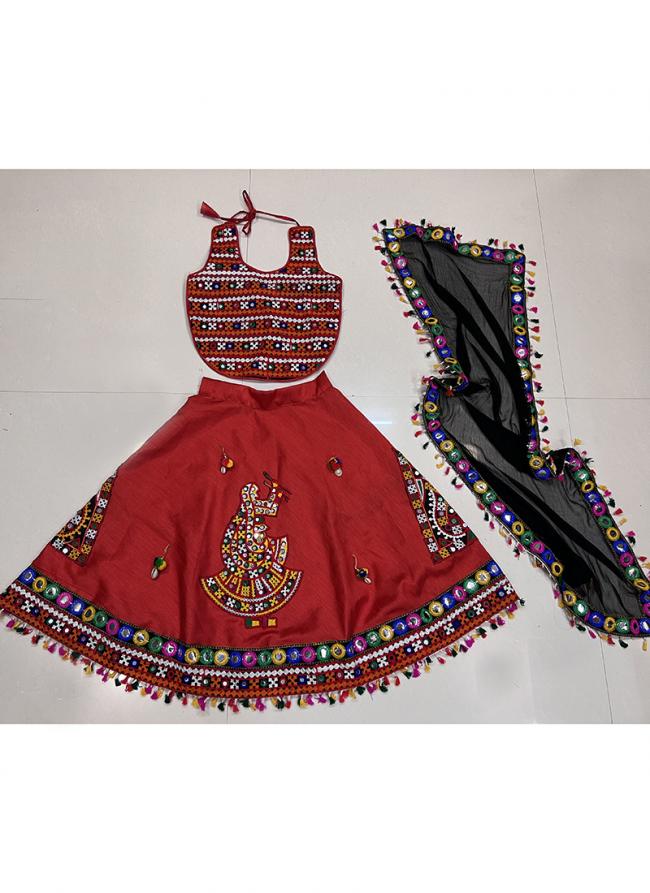 Art Silk Red Navratri Wear Kutchi Work Readymade Kids Lehenga Choli